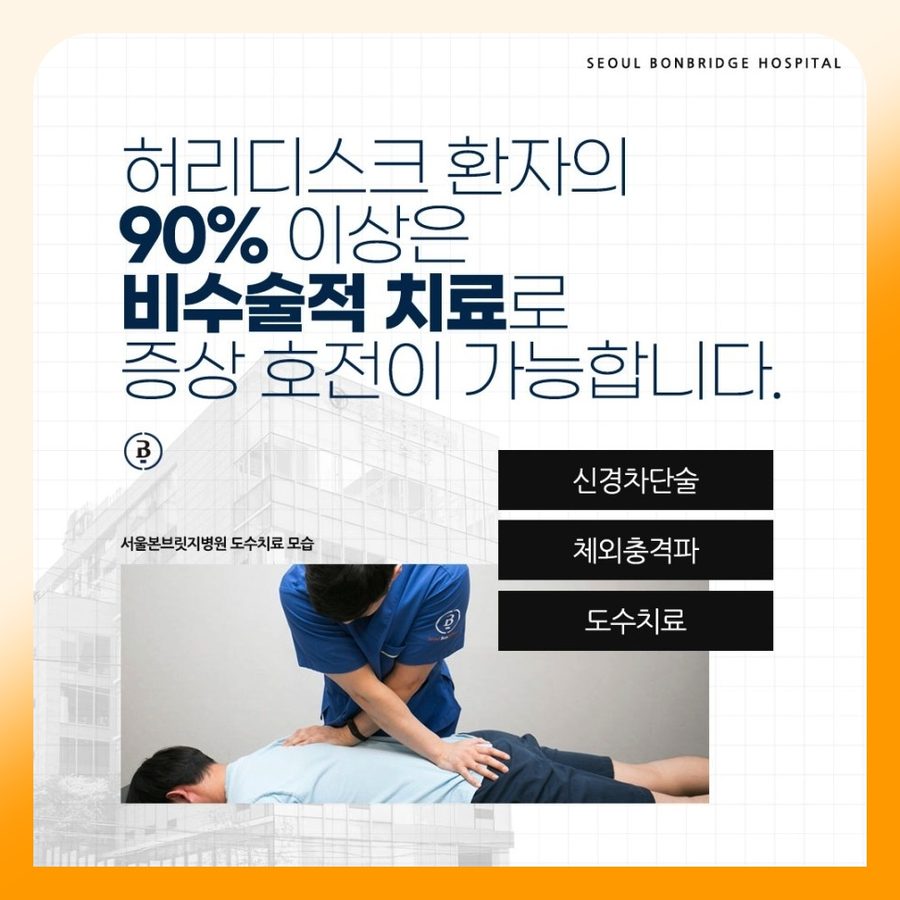 허리디스크 비수술 치료 신경차단술 체외충격파 도수치료 서울본브릿지병원 안내